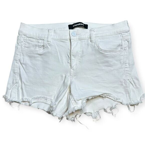 Express Women's White Mid Rise Stretch Raw Hem Distressed Shorts Size 8 - Picture 1 of 5